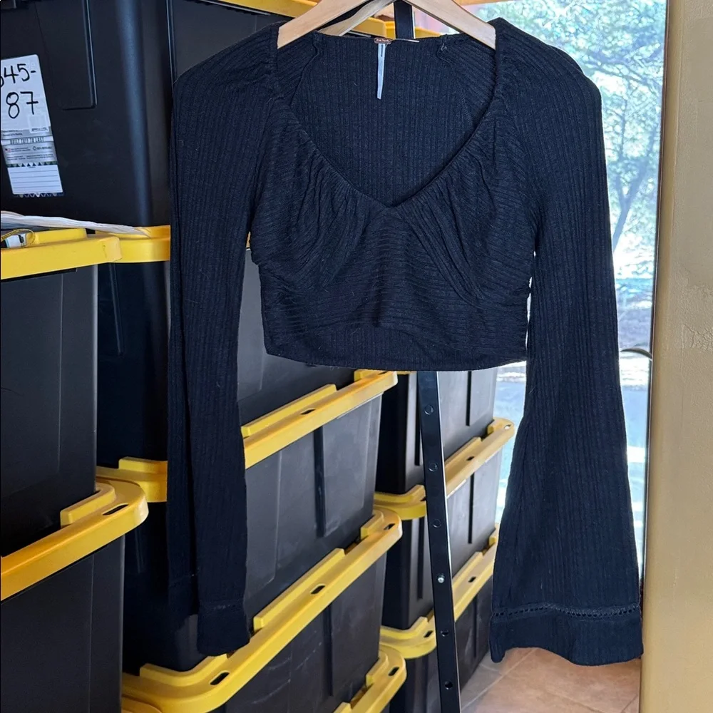 Free People Black Ribbed Bell Sleeve Crop Top Boho Size Small